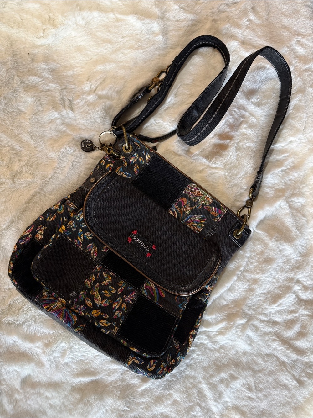 Sakroots Black Patchwork Crossbody with Multicolor Leaf Print